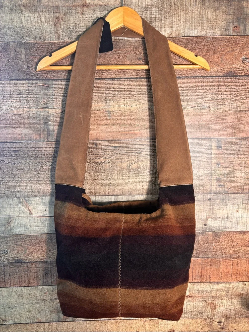 Arche France Brown Leather Wool Hobo Satchel Purse Striped Modern Bohemian $429